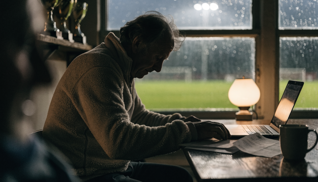 Volunteer club treasurer working on a laptop with bank statements in a grassroots clubhouse at night
