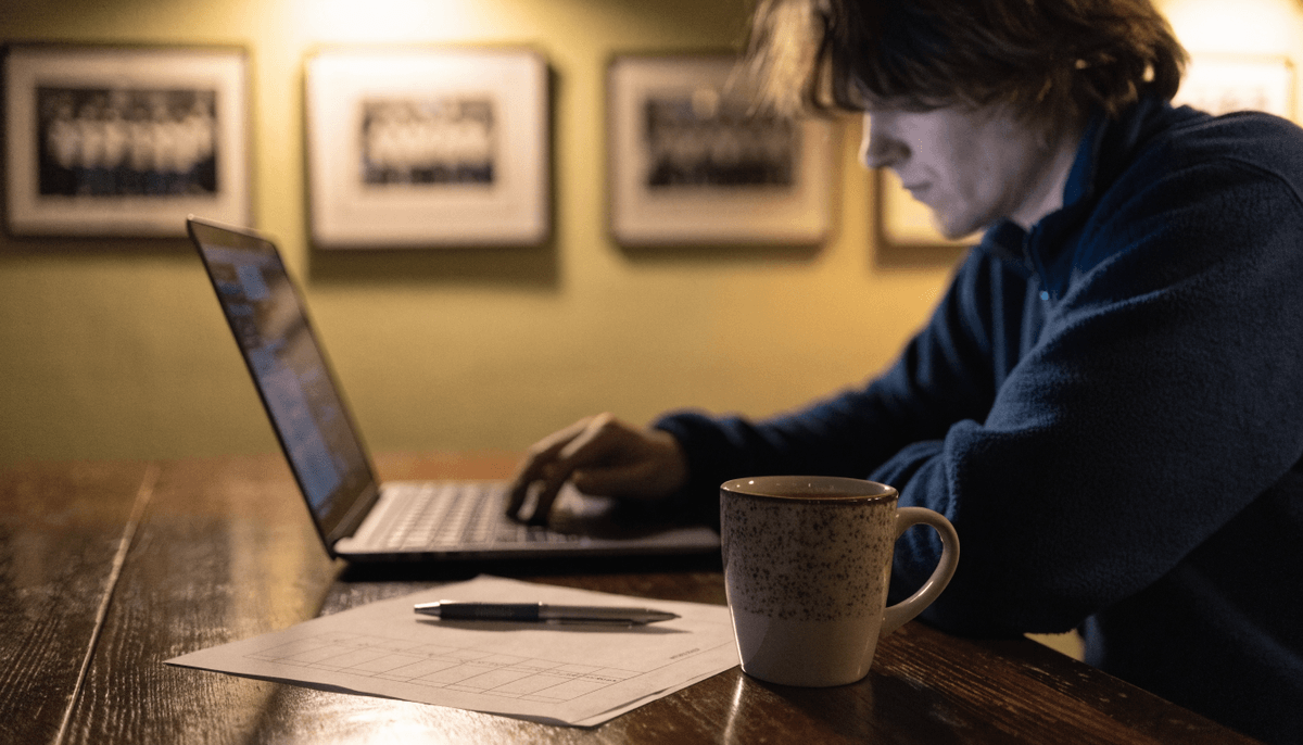 Club volunteer at a clubhouse table checking a laptop against a printed checklist