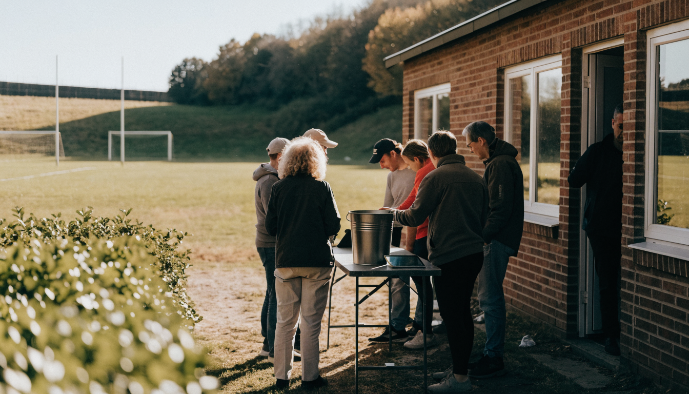 Volunteers and supporters around a trestle table with a collection bucket outside a grassroots sports clubhouse on match day