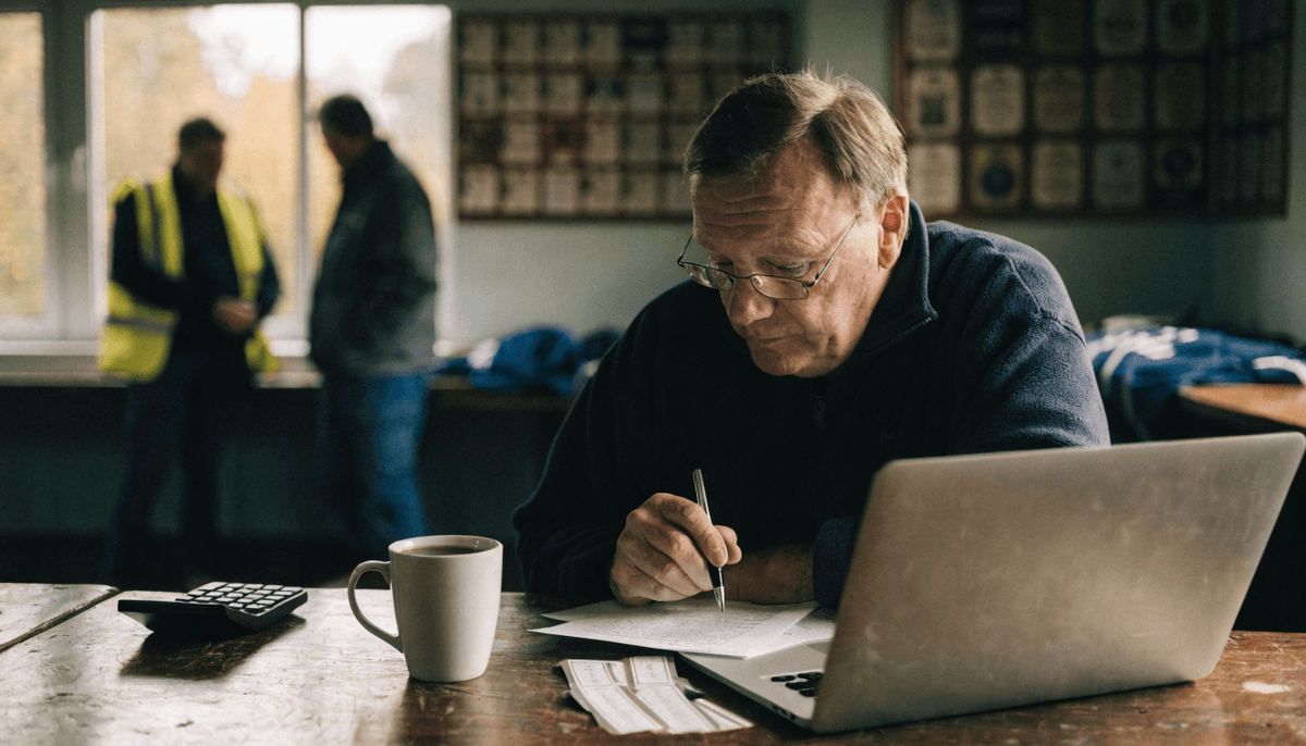 A volunteer club treasurer in a fleece and reading glasses reviews paperwork at a wooden clubhouse table beside an open laptop, calculator, mug of tea and raffle ticket stubs