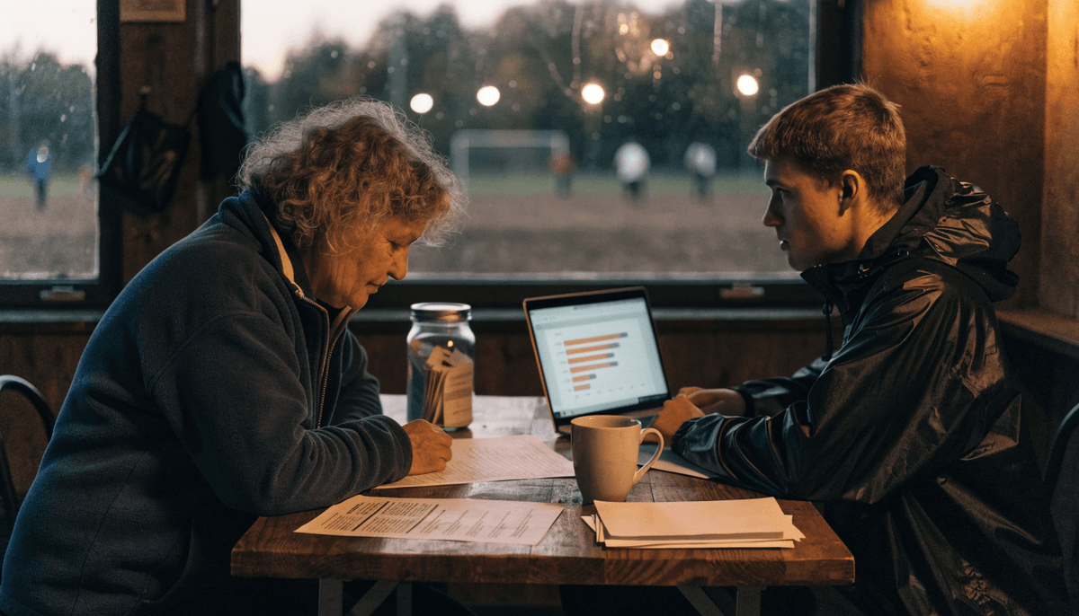 Two volunteers at a trestle table in a grassroots sports clubhouse committee room on an autumn evening, reviewing paperwork and a laptop beside a jar of folded raffle tickets, with floodlights glowing over the pitch outside the window