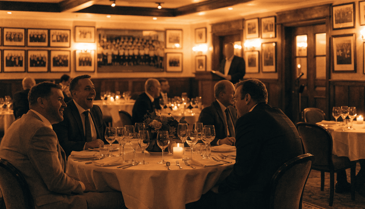 Guests in suits at candlelit round tables in a sports clubhouse function room during a sportsman's dinner