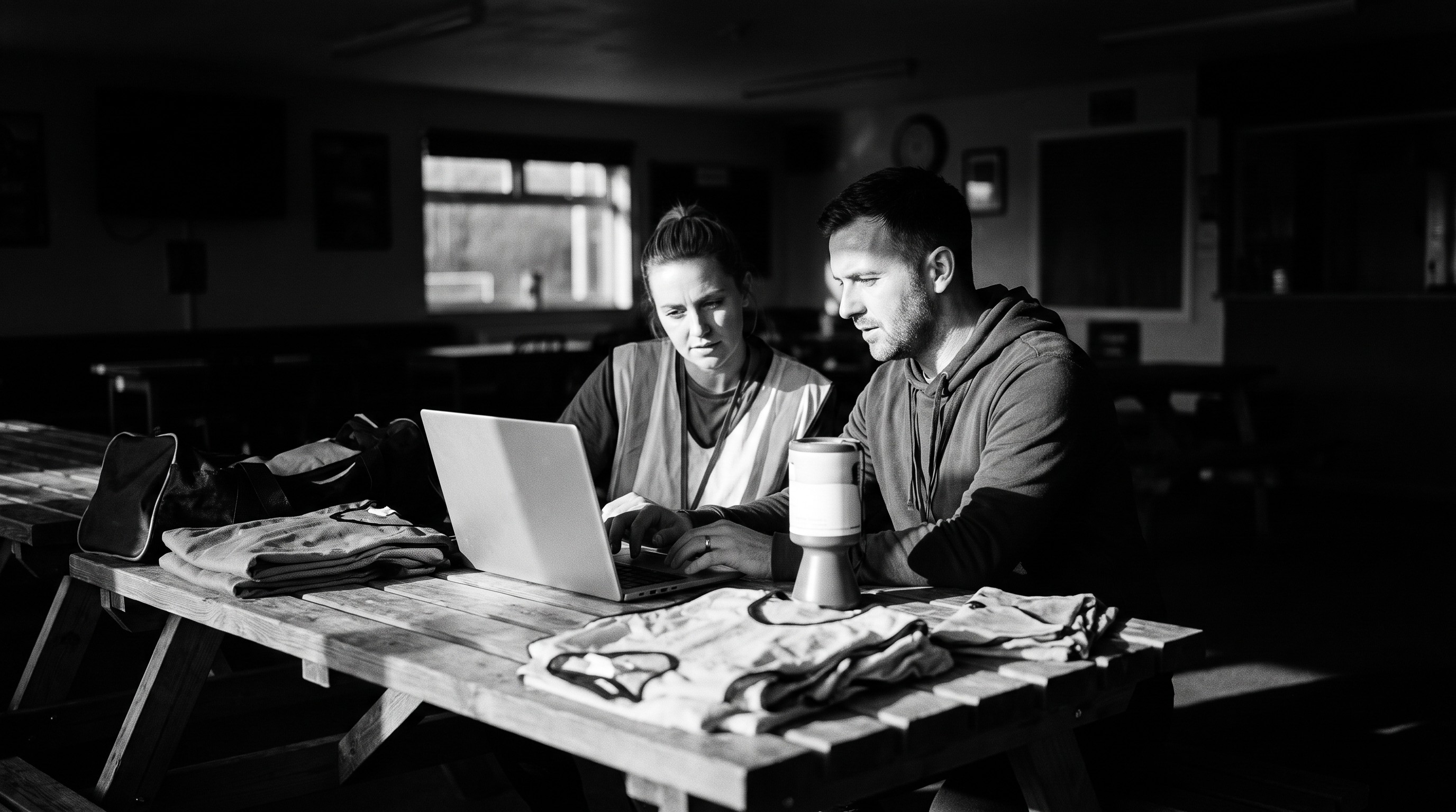 Volunteers at a table inside a grassroots sports clubhouse with a laptop and collection tin, football kit in the background