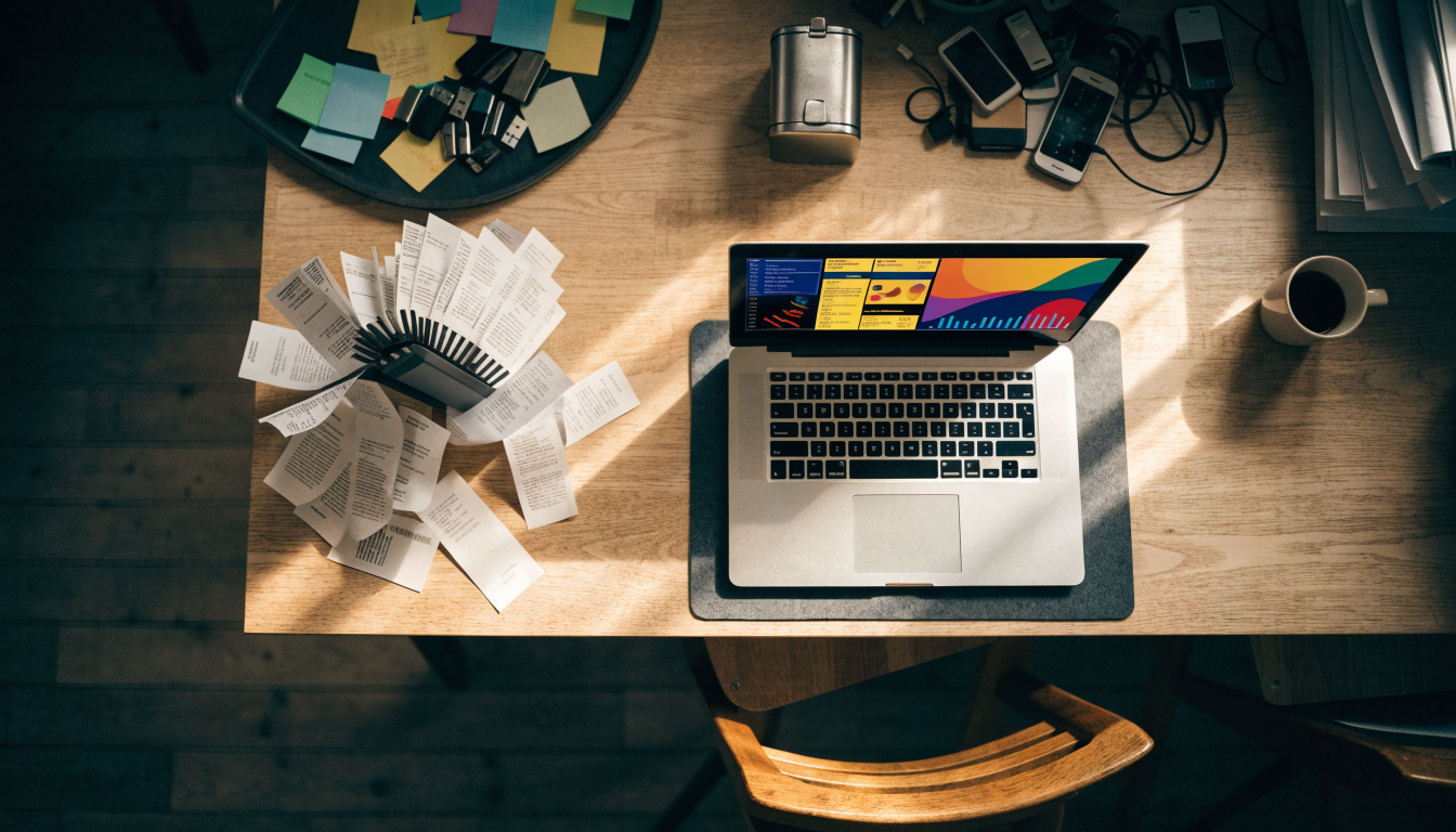 Modern laptop dashboard replacing a cluttered desk of single-purpose fundraising tools