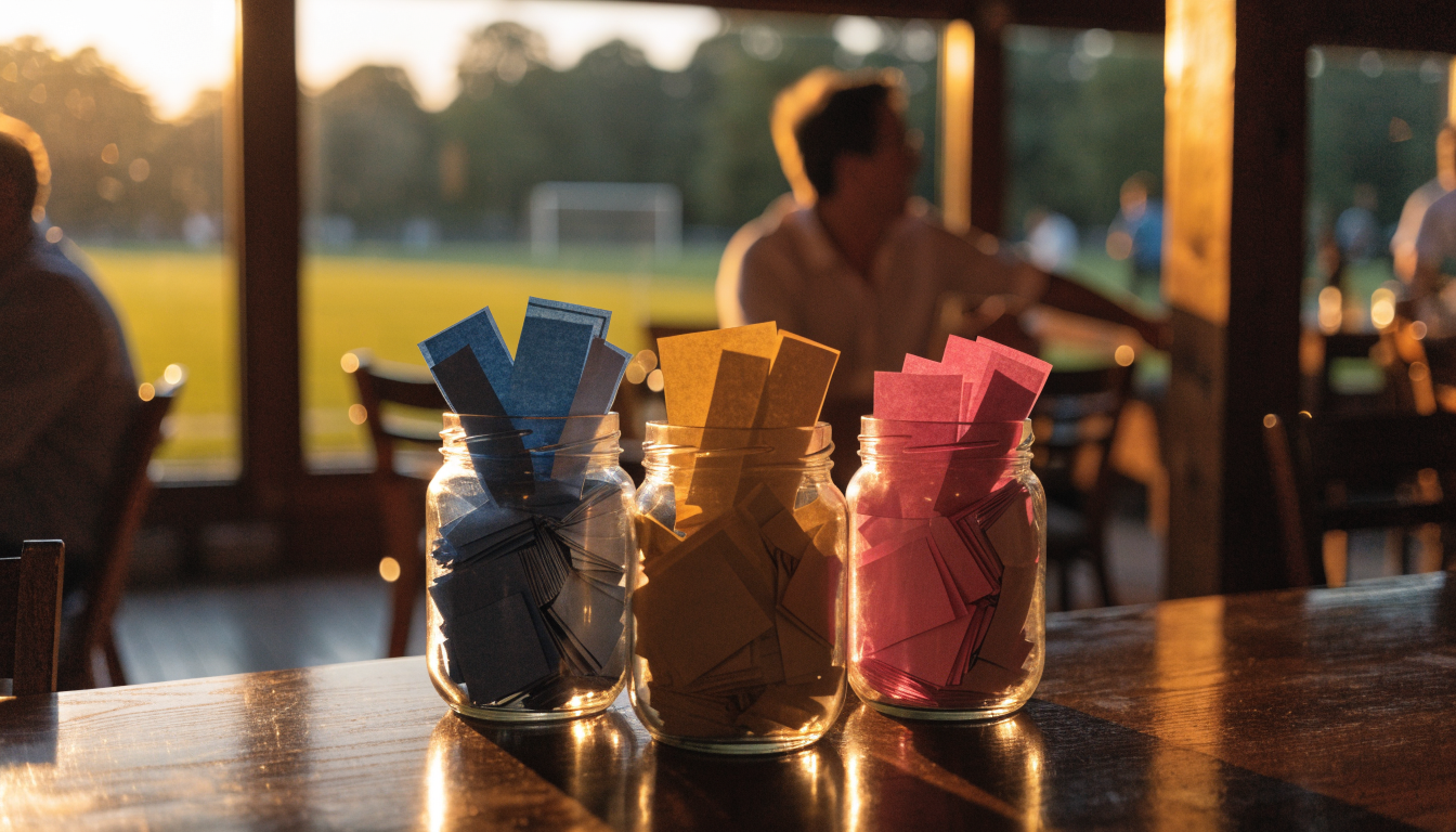 Three jars of colourful tickets filling together on a clubhouse table