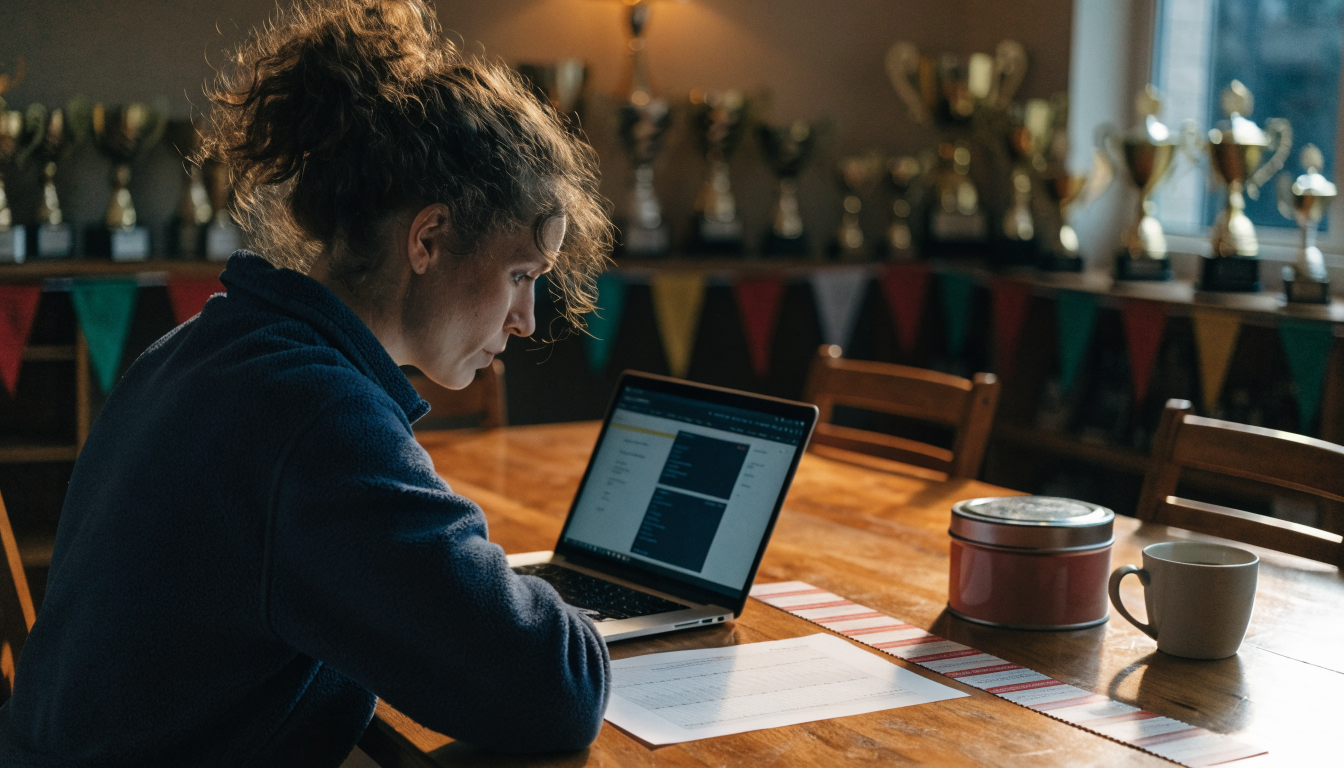 Volunteer club treasurer at a clubhouse table comparing fundraising platforms on a laptop beside raffle ticket stubs and a cash tin