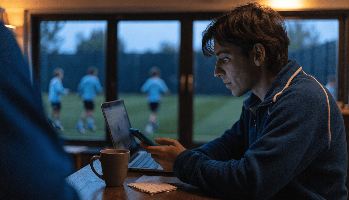 A club treasurer in a navy fleece checks a smartphone beside an open laptop and a stack of raffle stubs in a clubhouse at dusk, with juniors training under floodlights outside