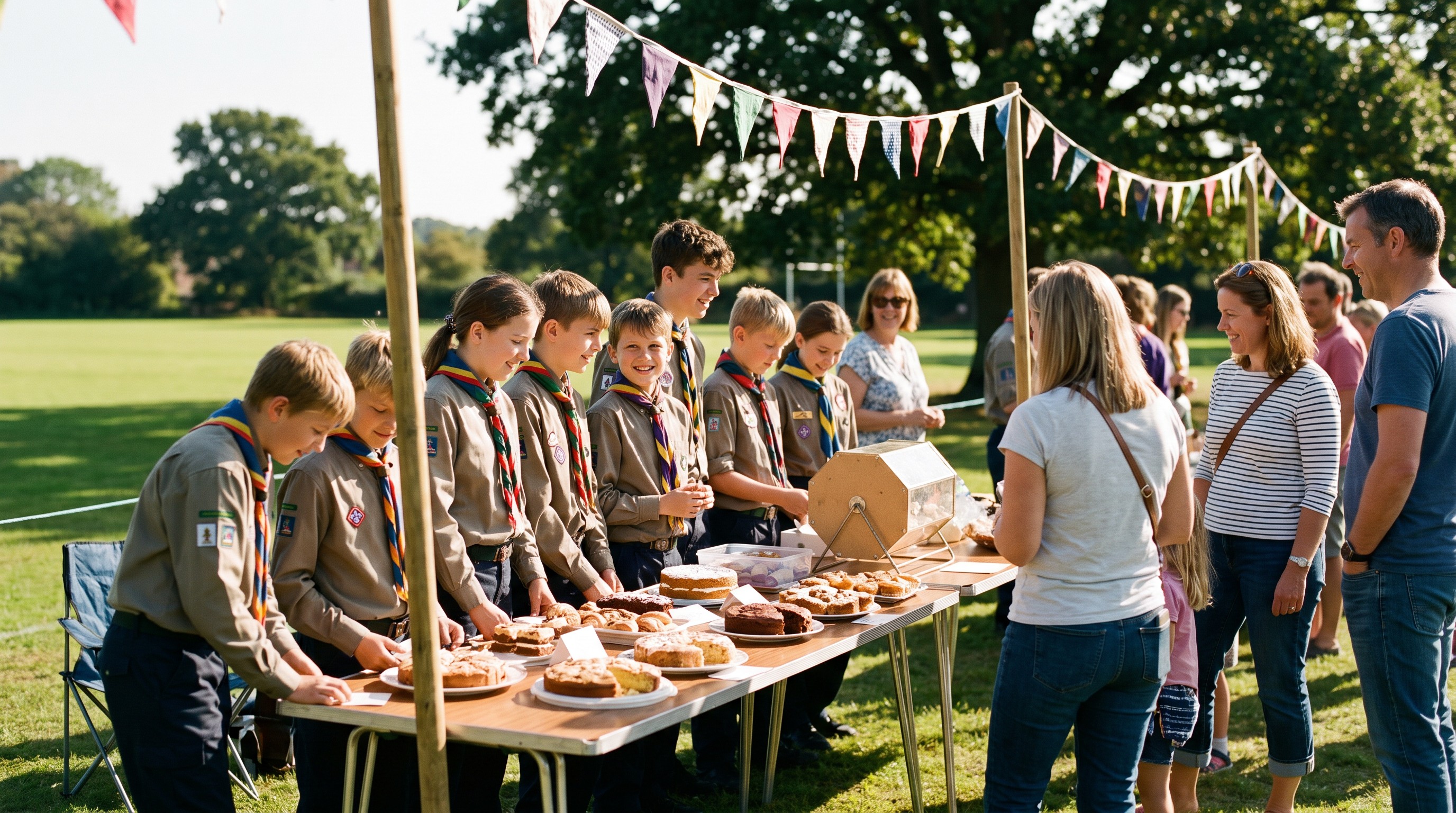 Scouts and youth group children running a bake sale and tombola stall at an English village fete with bunting overhead