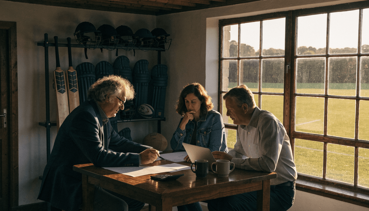 Three volunteer committee members at a wooden table in a small sports clubhouse reviewing paperwork with a calculator and laptop, sports kit on a rack behind them and an empty pitch outside the window