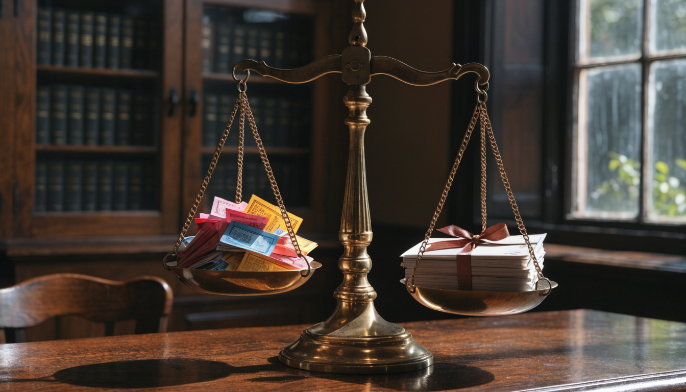 Balance scale weighing prize-draw tickets against sealed official documents
